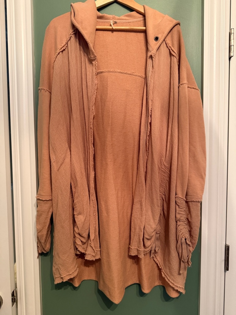 Free People Open-Front Hooded Cardigan in Peach